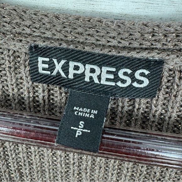 Express Deep V Neck Metallic Thread Tunic Sweater Taupe Brown Copper Small - Picture 9 of 12